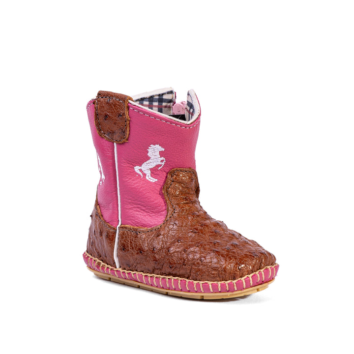 Children's Country Boot in Baby Ostrich Leather, Pink Caramel
