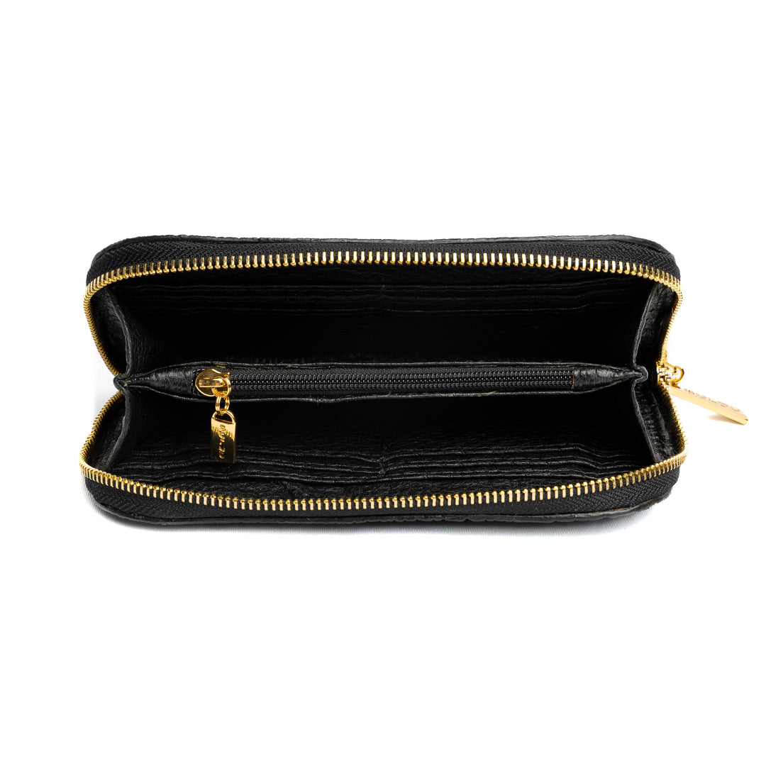 Women's Wallet in Genuine Black Ostrich Cinnamon Leather