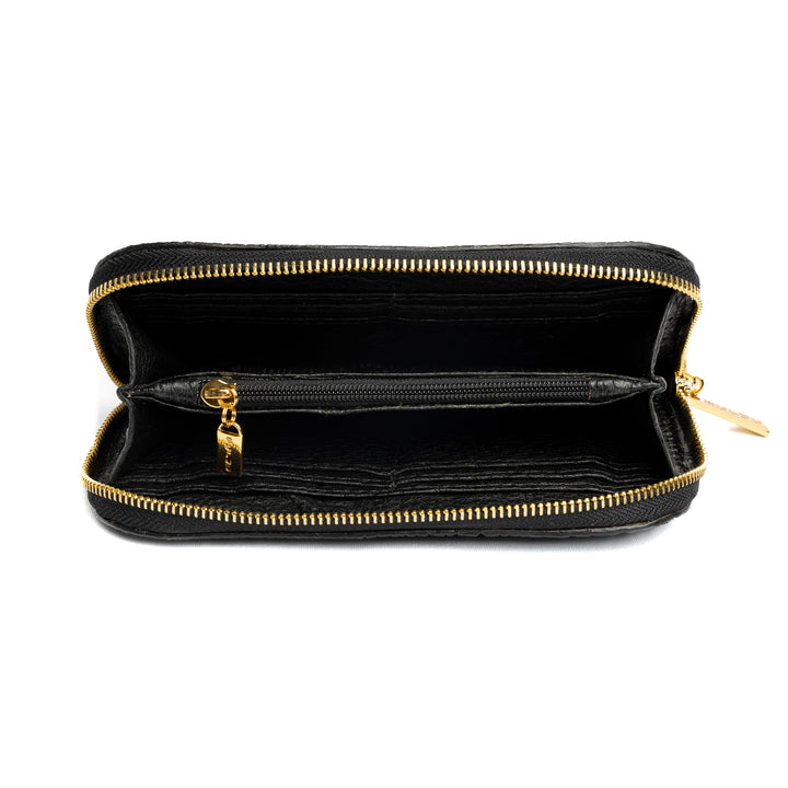 Women's Wallet in Genuine Black Ostrich Cinnamon Leather