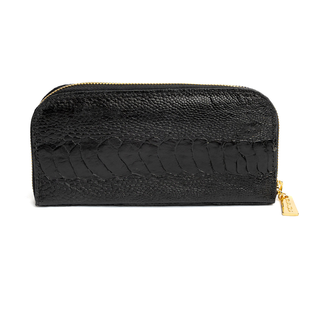 Women's Wallet in Genuine Black Ostrich Cinnamon Leather