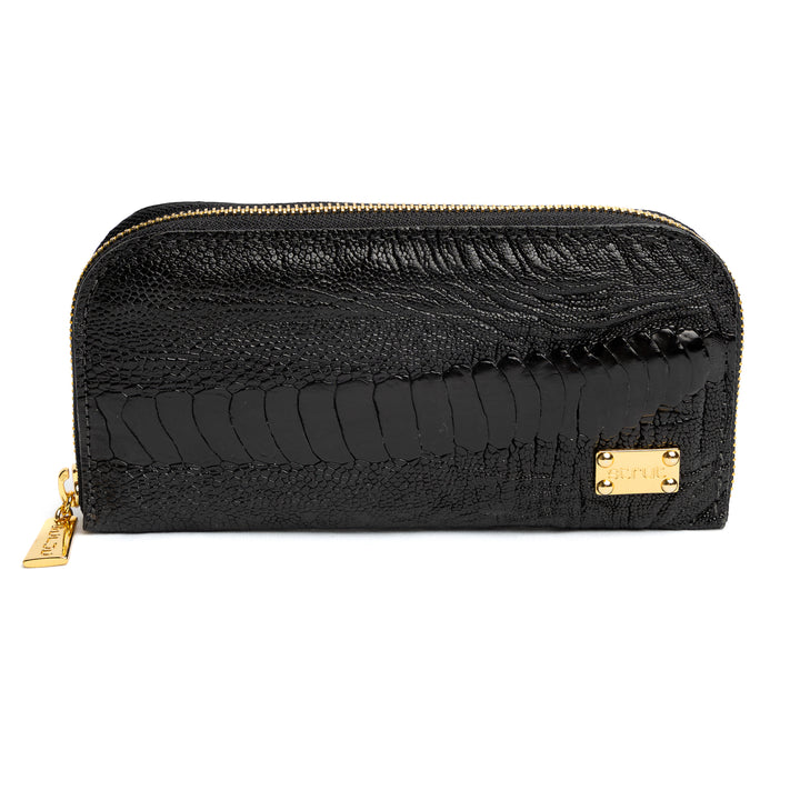 Women's Wallet in Genuine Black Ostrich Cinnamon Leather