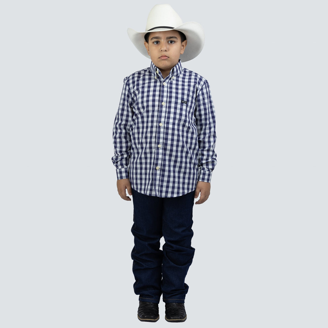Camisa Infantil Xadrez Manga Longa Marinho e Branco - Strut