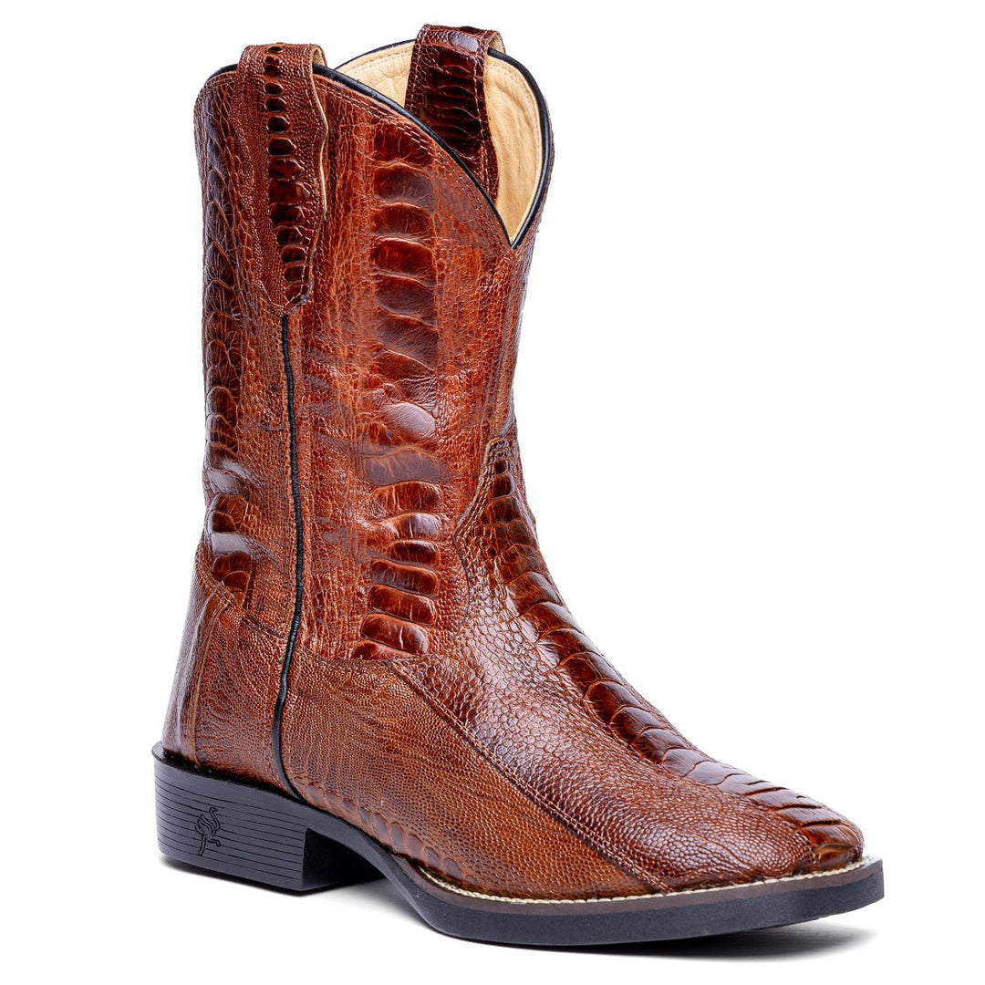 Bota masculina Strut 100% em couro de canela de avestruz caramelo, do pé ao cano