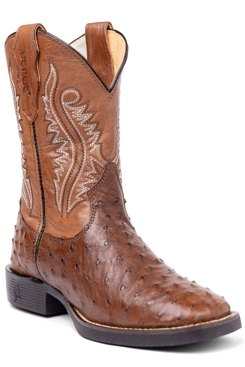 Bota masculina Strut ST011 em couro de avestruz cheio tabaco, peça que define o look country masculino