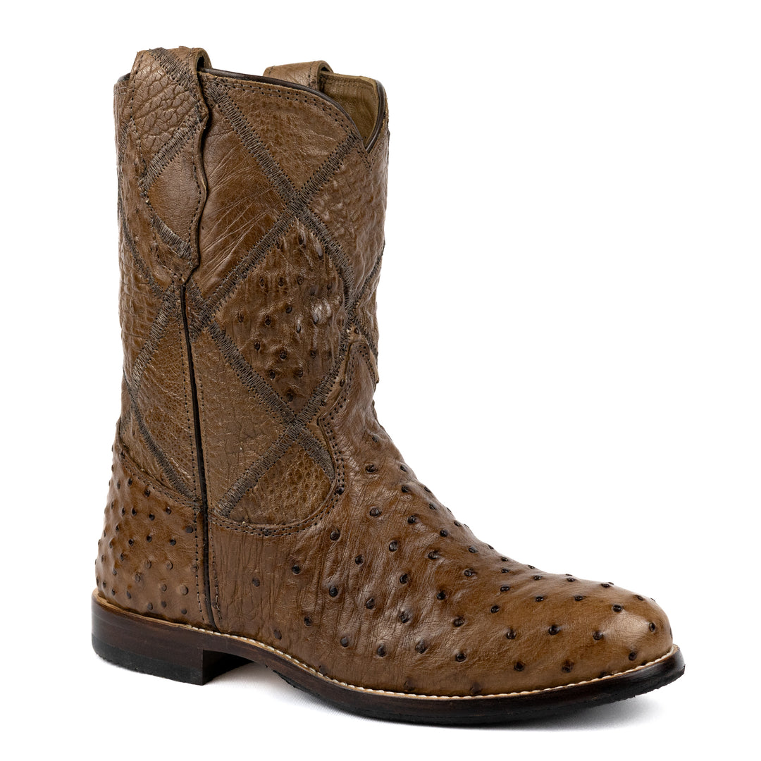 Roper Strut Boot in Full Ostrich Leather Tobacco Leather Sole