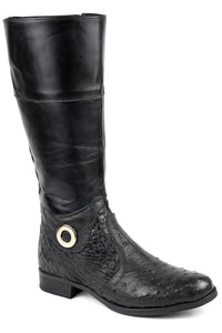 Bota montaria feminina em couro de avestruz e carneiro preta Strut
