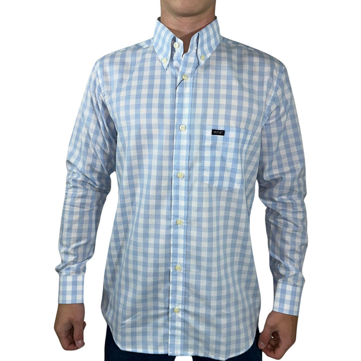 Camisa Masculina Manga Longa Strut Azul Claro e Branco