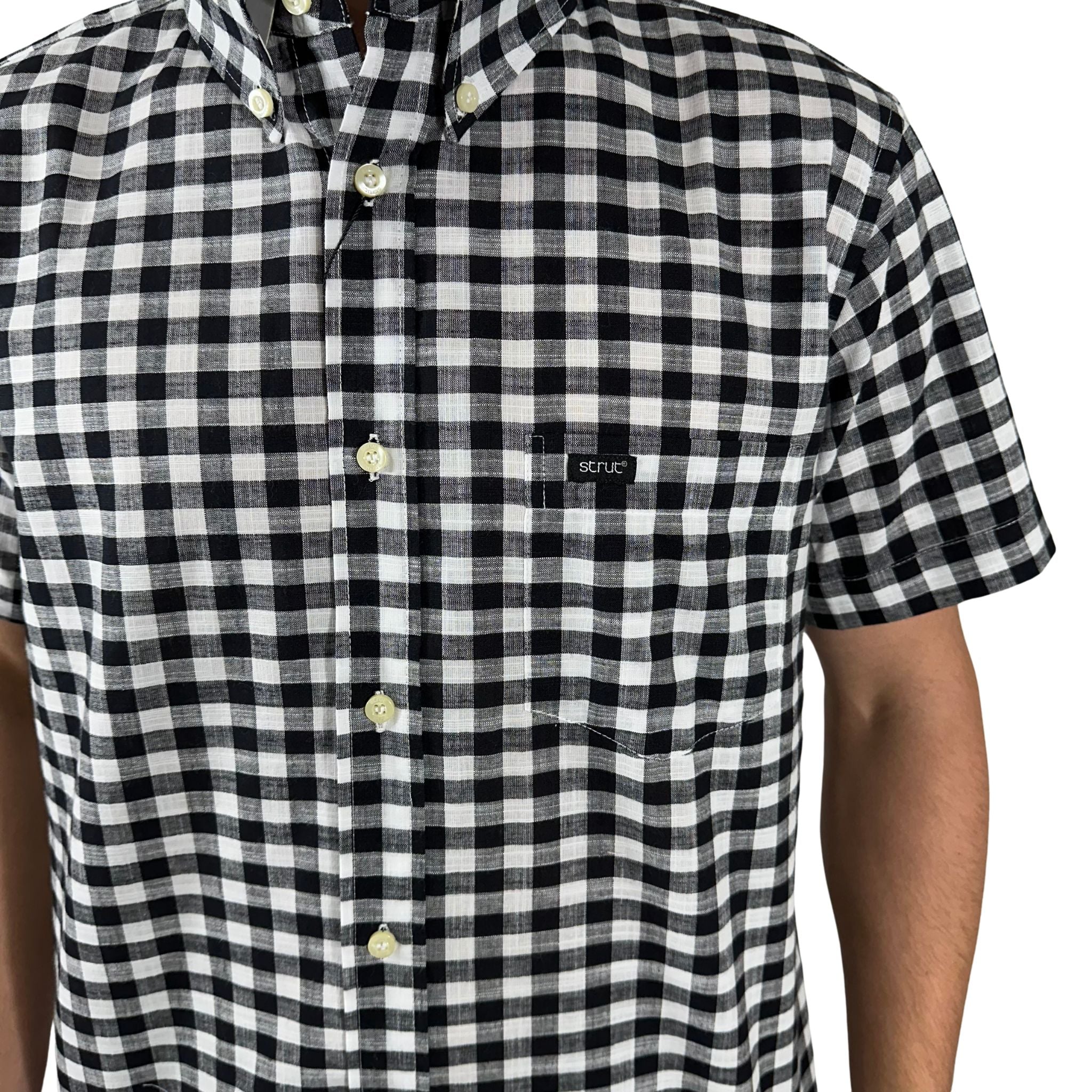 Men's Short Sleeve Strut Black and White Plaid Shirt