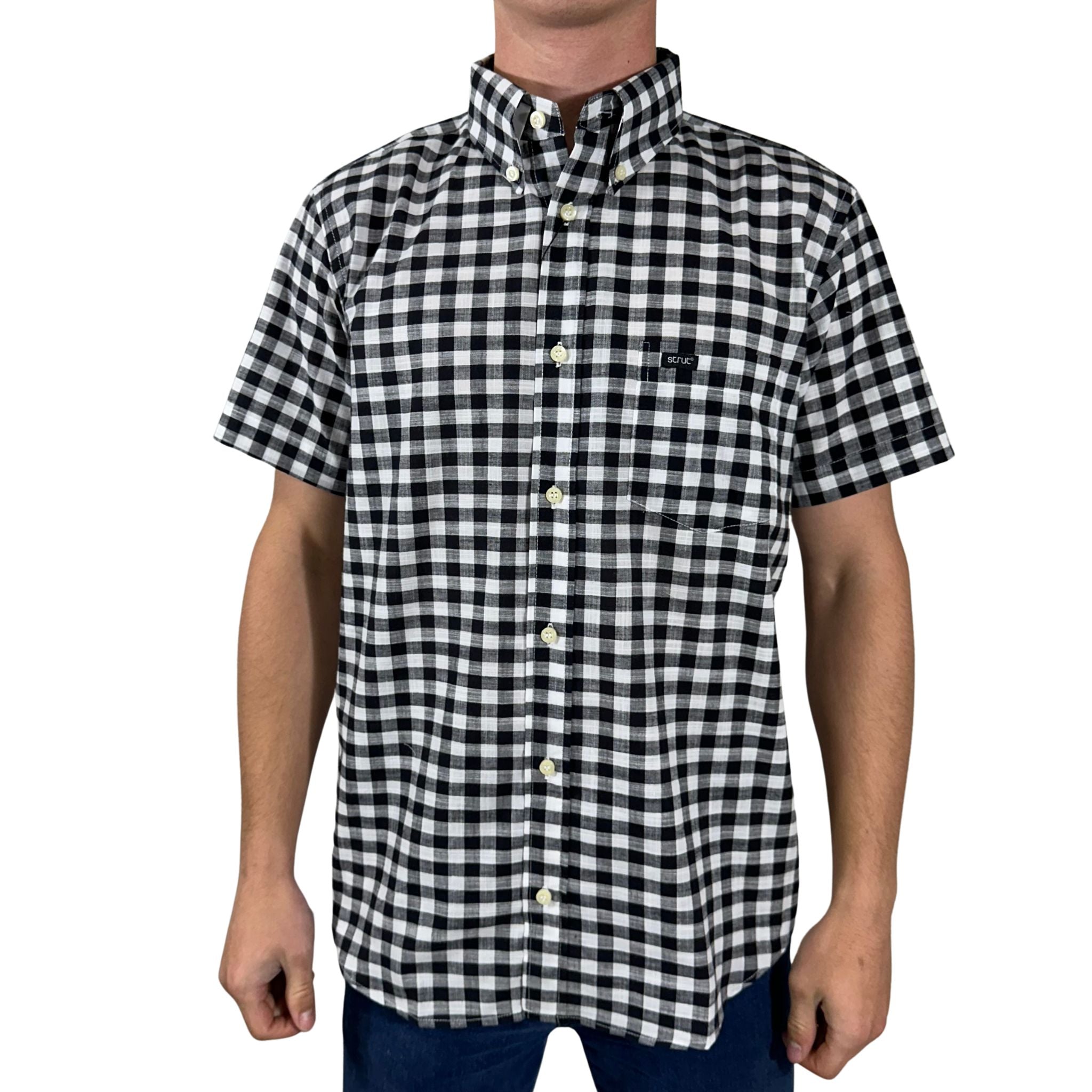 Men's Short Sleeve Strut Black and White Plaid Shirt