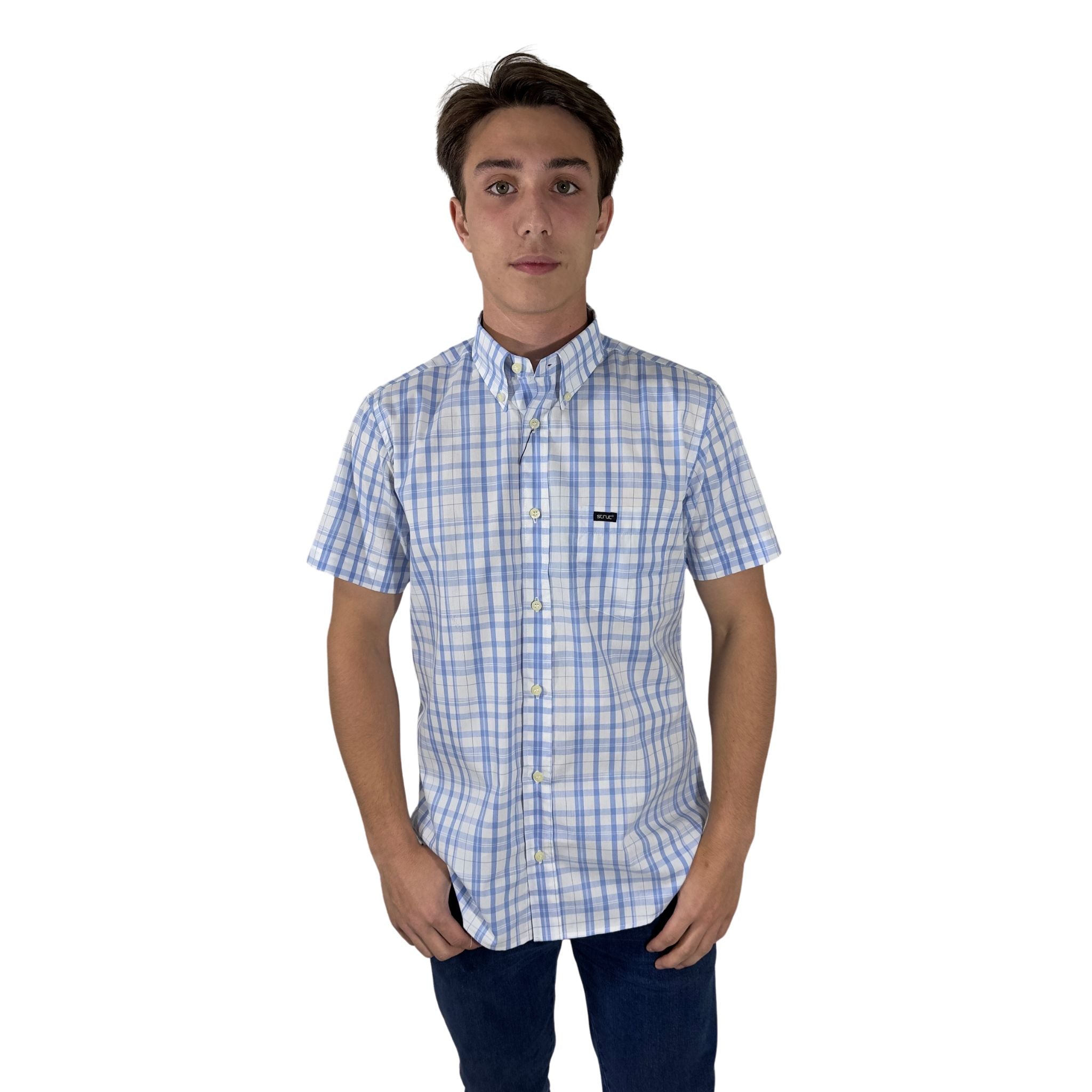 Men's Short Sleeve Strut Shirt in Large Blue and White Plaid