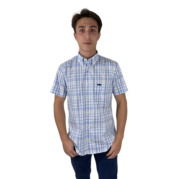 Camisa Masculina Manga Curta Strut Xadrez Grande Azul e Branco