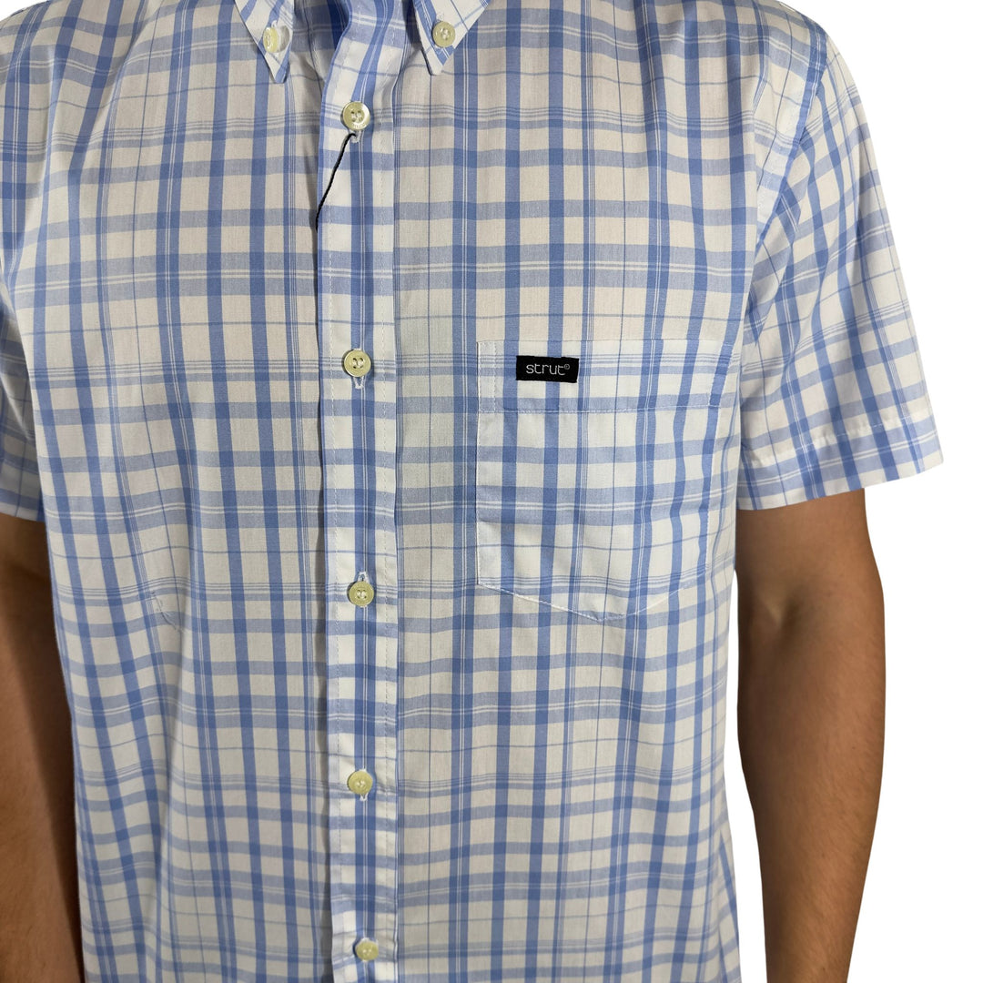 Camisa Masculina Manga Curta Strut Xadrez Grande Azul e Branco