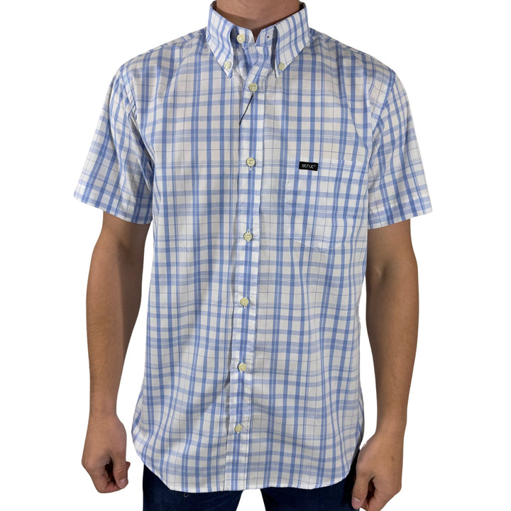 Camisa Masculina Manga Curta Strut Xadrez Grande Azul e Branco