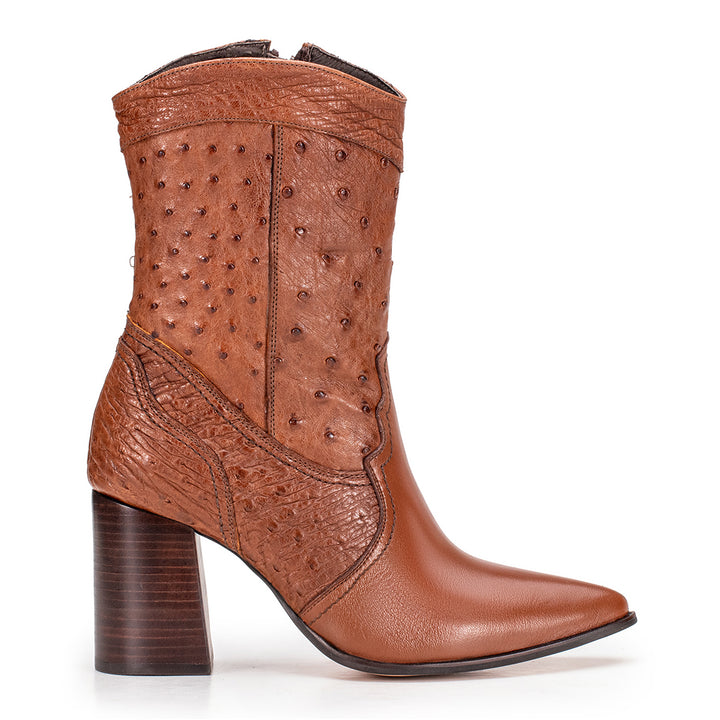 Bota Texana Feminina em Couro de Avestruz Strut Caramelo