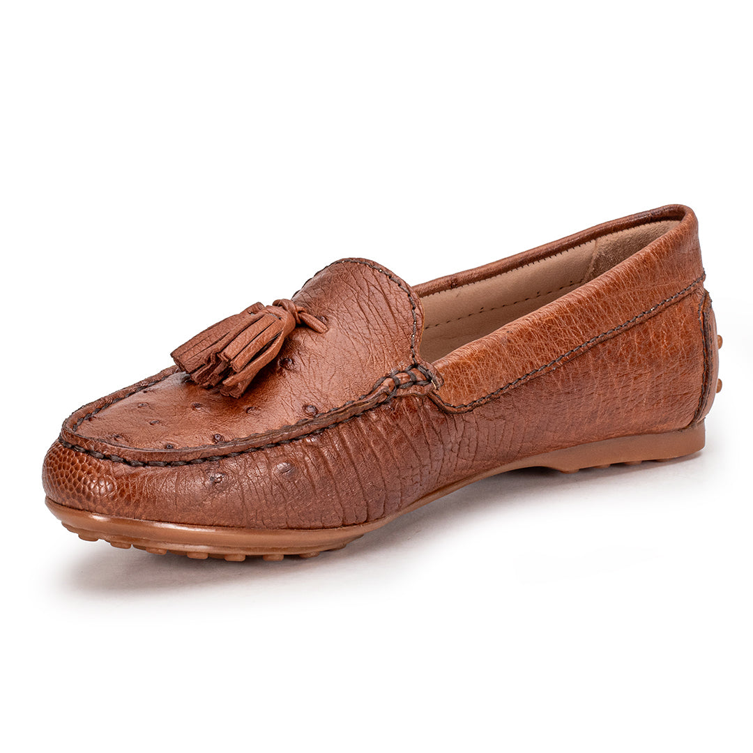 Mocassim Feminino em Couro de Avestruz Strut Caramelo