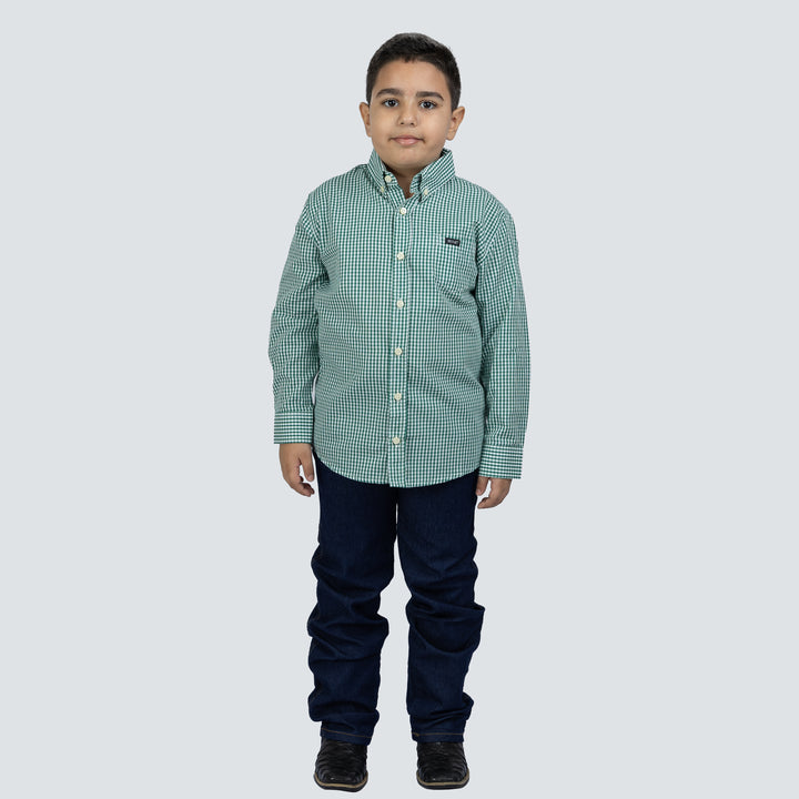 Children's Long Sleeve Plaid Shirt with Green Flag