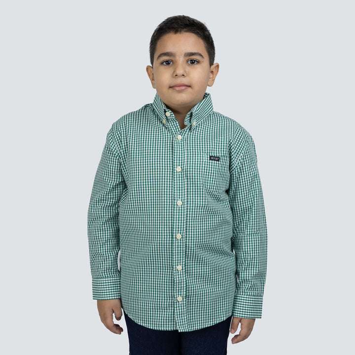 Children's Long Sleeve Plaid Shirt with Green Flag