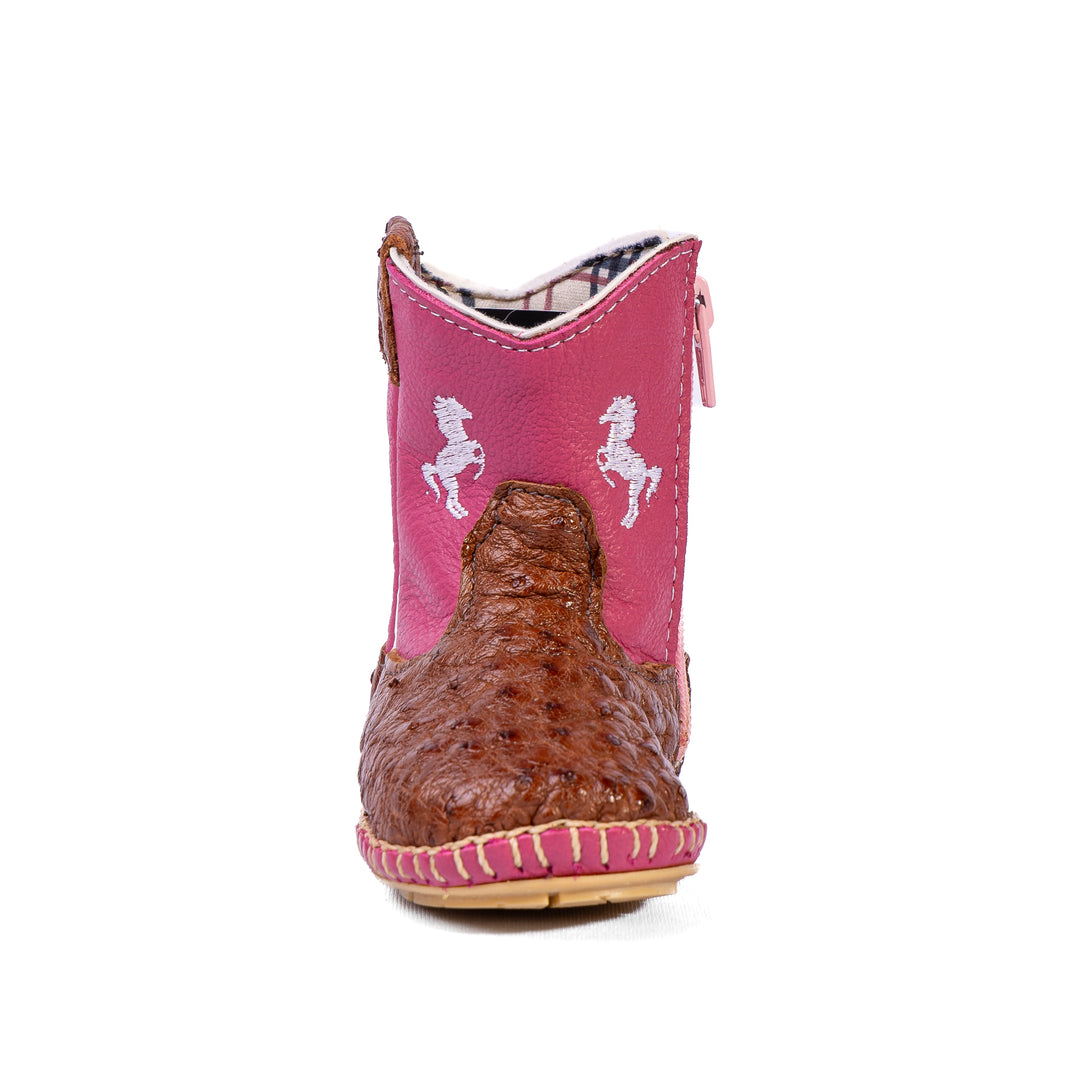 Bota Country Infantil em Couro de Avestruz Baby Rosa Caramelo