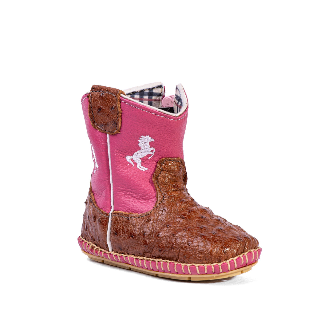 Bota Country Infantil em Couro de Avestruz Baby Rosa Caramelo