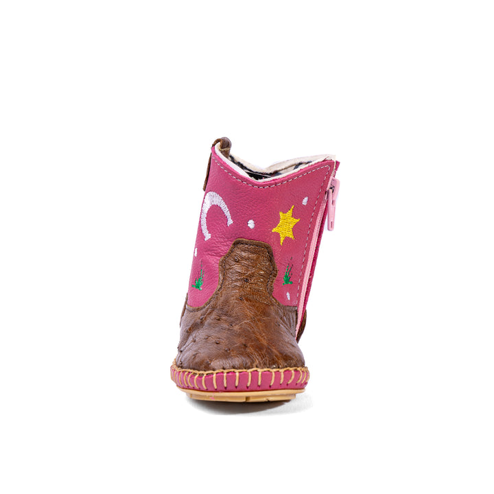 Bota Country Infantil em Couro de Avestruz Baby Rosa Pinhão