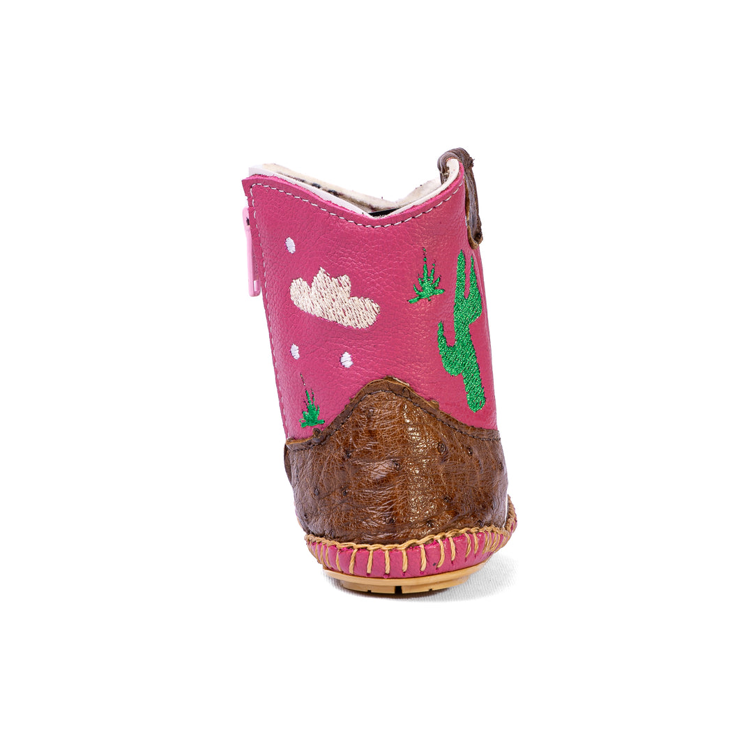 Bota Country Infantil em Couro de Avestruz Baby Rosa Pinhão