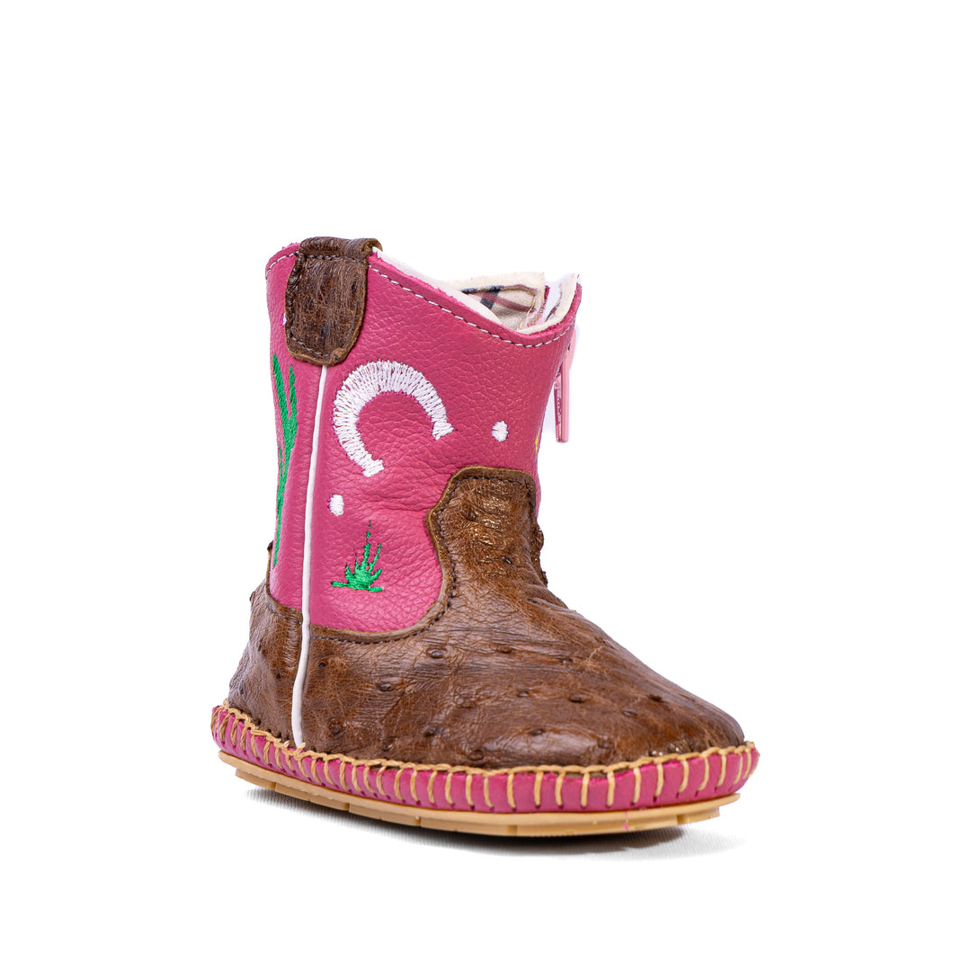 Bota Country Infantil em Couro de Avestruz Baby Rosa Pinhão