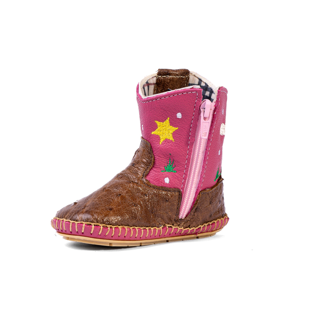 Bota Country Infantil em Couro de Avestruz Baby Rosa Pinhão