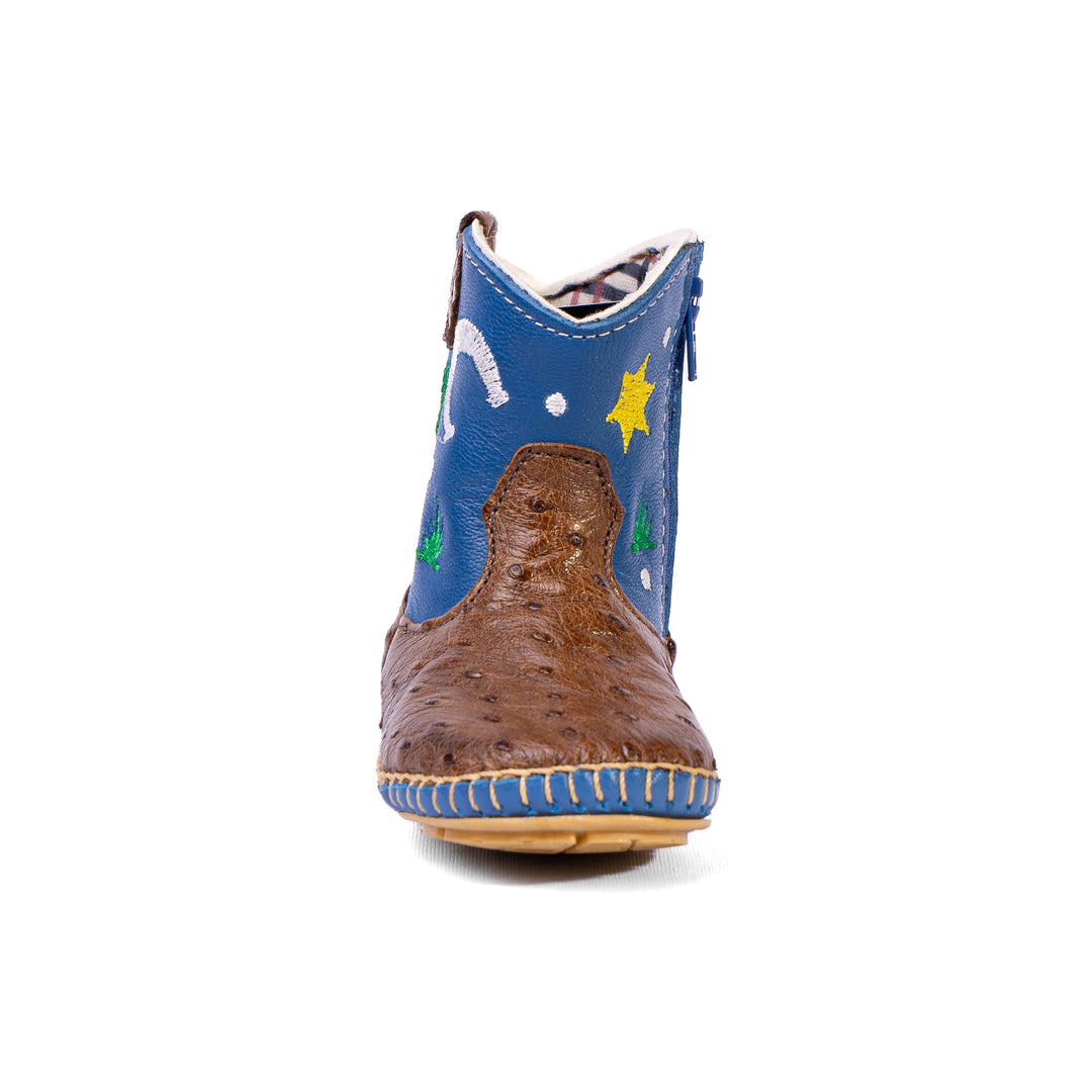 Bota Country Infantil em Couro de Avestruz Baby Pinhão Azul