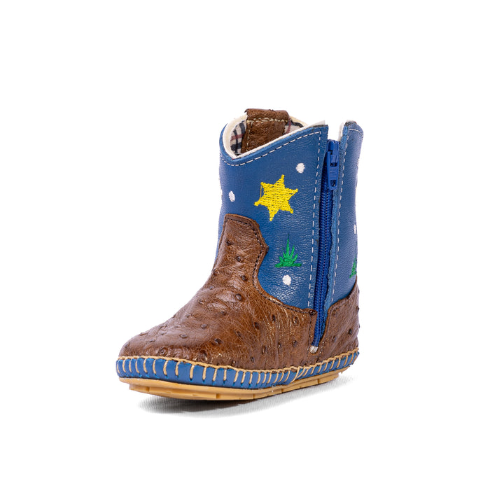 Bota Country Infantil em Couro de Avestruz Baby Pinhão Azul