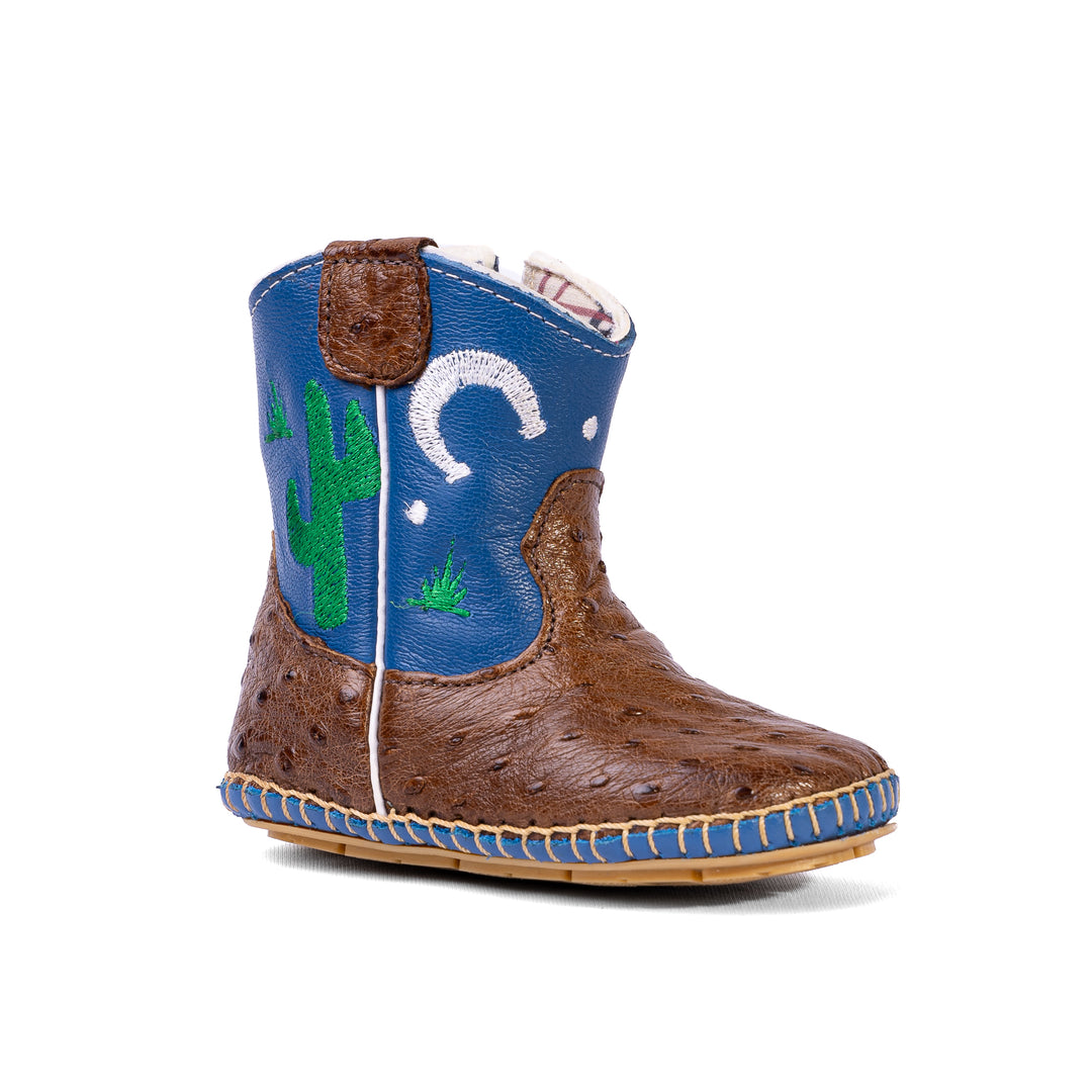 Bota Country Infantil em Couro de Avestruz Baby Pinhão Azul