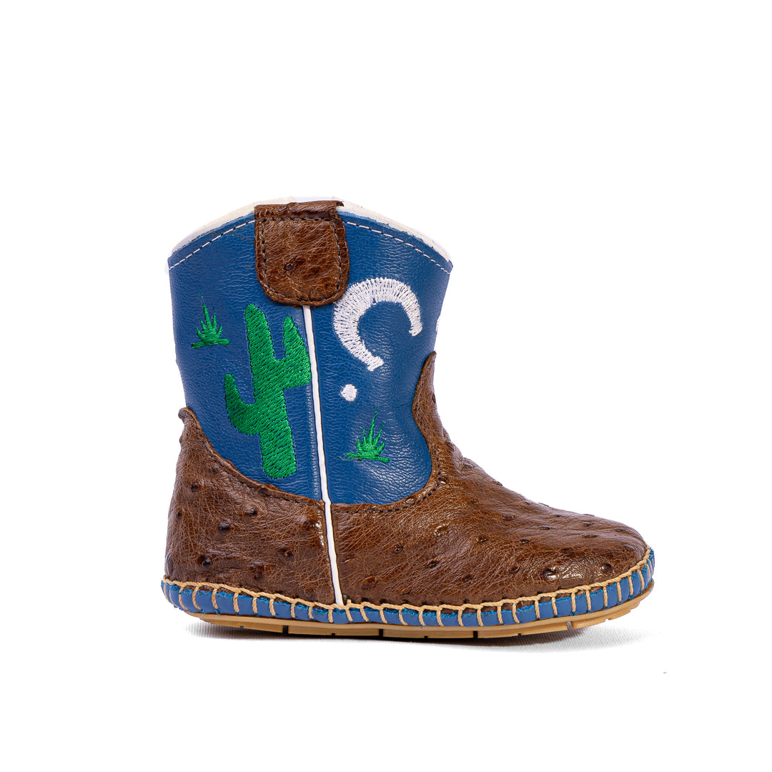 Bota Country Infantil em Couro de Avestruz Baby Pinhão Azul