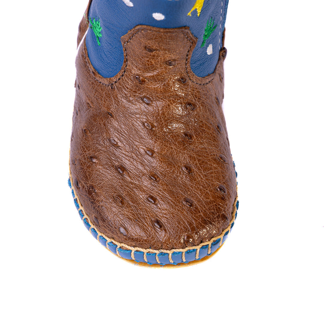 Bota Country Infantil em Couro de Avestruz Baby Pinhão Azul