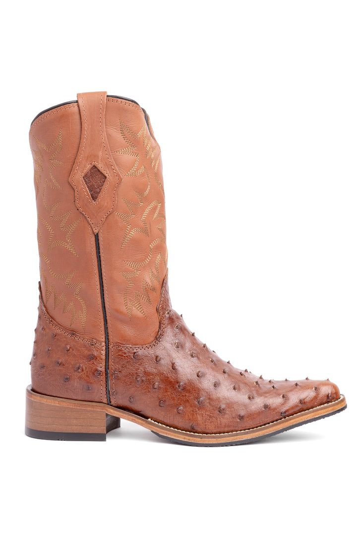 Bota Masculina Strut ST028 Bico Fino em Couro de Avestruz Cheio Caramelo