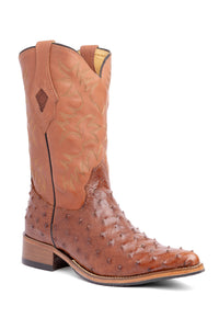 Bota Masculina Strut ST028 Bico Fino em Couro de Avestruz Cheio Caramelo
