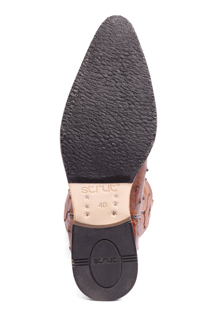 Bota Masculina Strut ST028 Bico Fino em Couro de Avestruz Cheio Caramelo