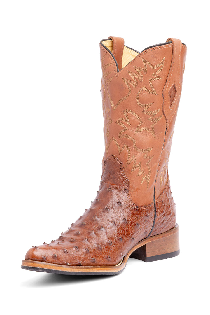 Bota Masculina Strut ST028 Bico Fino em Couro de Avestruz Cheio Caramelo