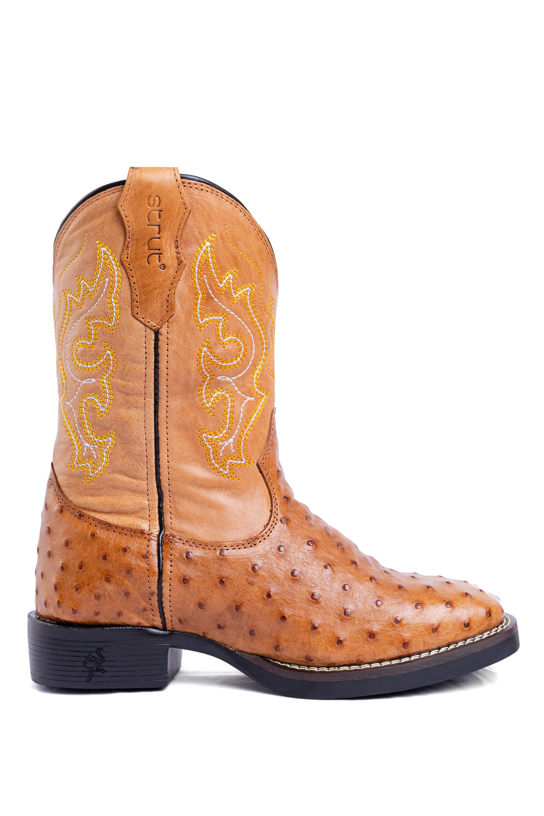 Bota Masculina Strut em Couro de Avestruz Cheio Chestnut com Cano Bordado