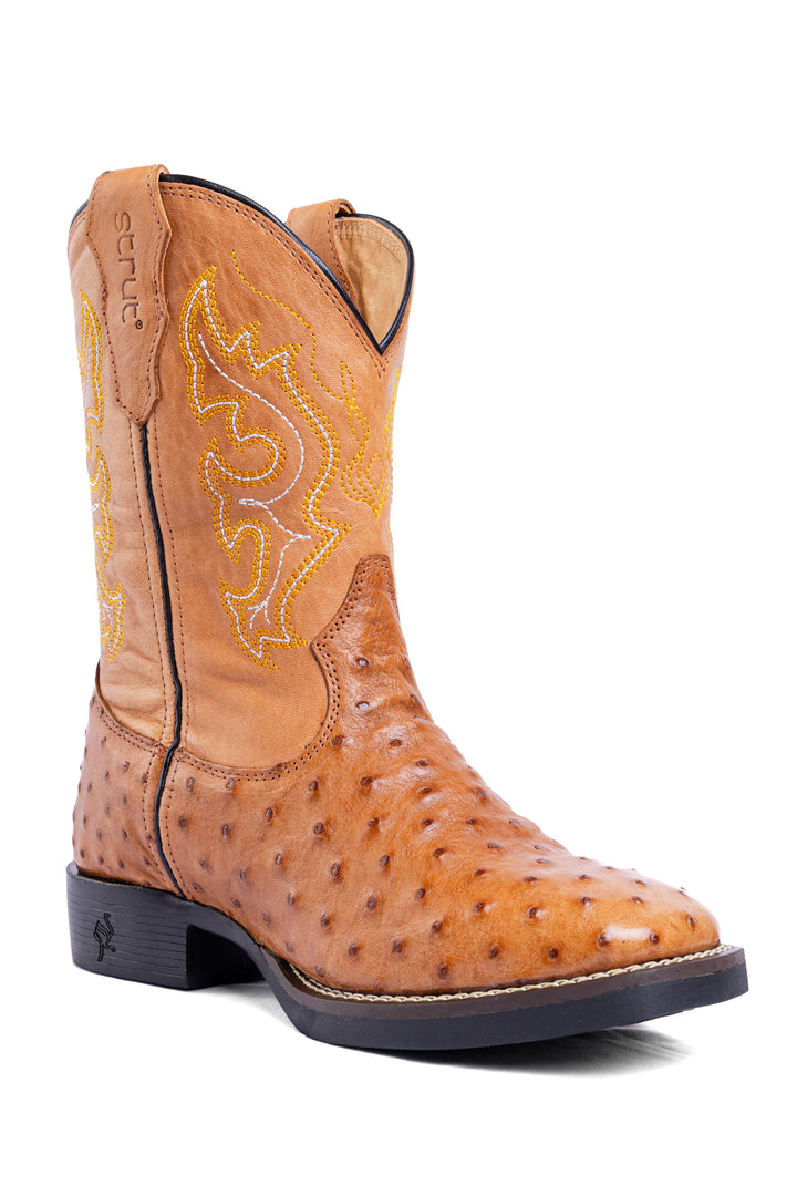 Bota Masculina Strut em Couro de Avestruz Cheio Chestnut com Cano Bordado