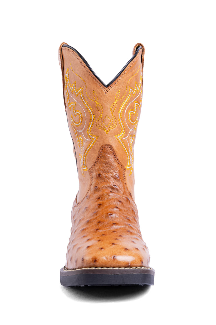 Bota Masculina Strut em Couro de Avestruz Cheio Chestnut com Cano Bordado