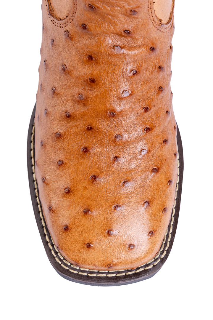 Bota Masculina Strut em Couro de Avestruz Cheio Chestnut com Cano Bordado