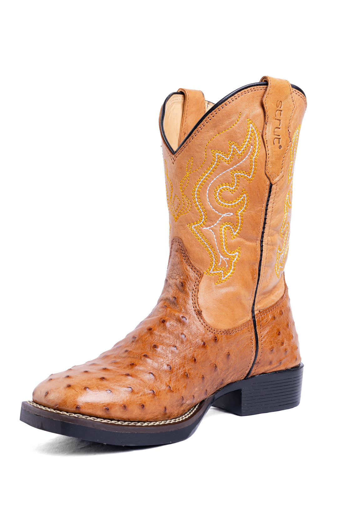 Bota Masculina Strut em Couro de Avestruz Cheio Chestnut com Cano Bordado