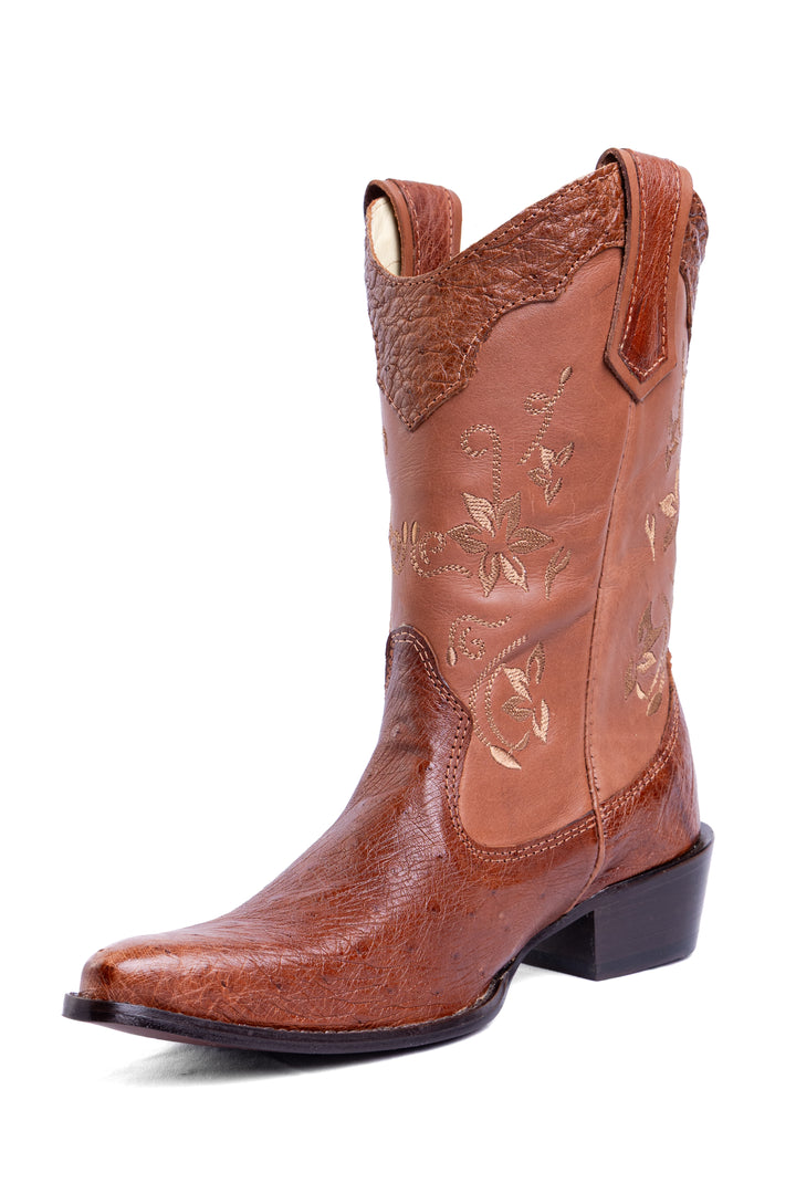 Bota Feminina Strut ST1018 em Couro de Avestruz Liso Caramelo