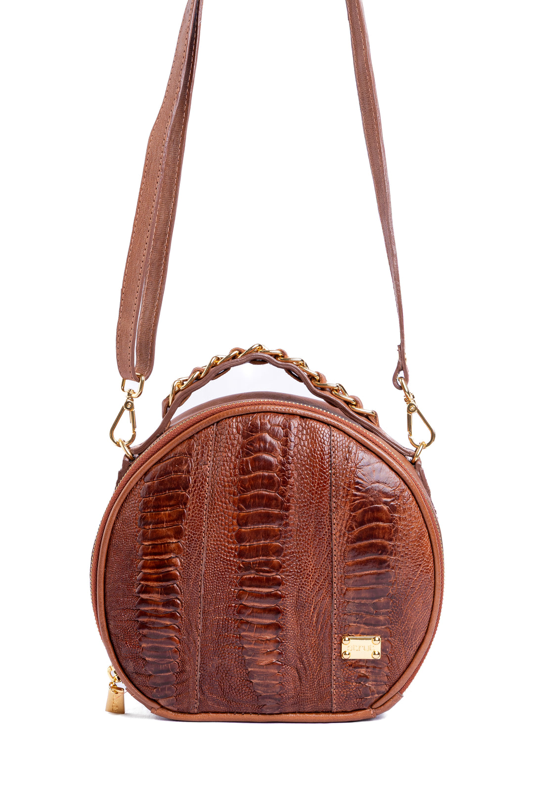 Bolsa Redonda Strut em Couro de Canela de Avestruz Caramelo DORO-032