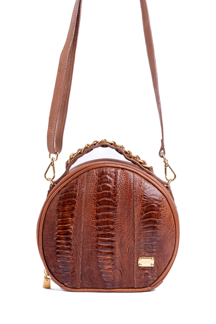 Bolsa Redonda Strut em Couro de Canela de Avestruz Caramelo DORO-032