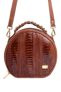 Bolsa Redonda Strut em Couro de Canela de Avestruz Caramelo DORO-032