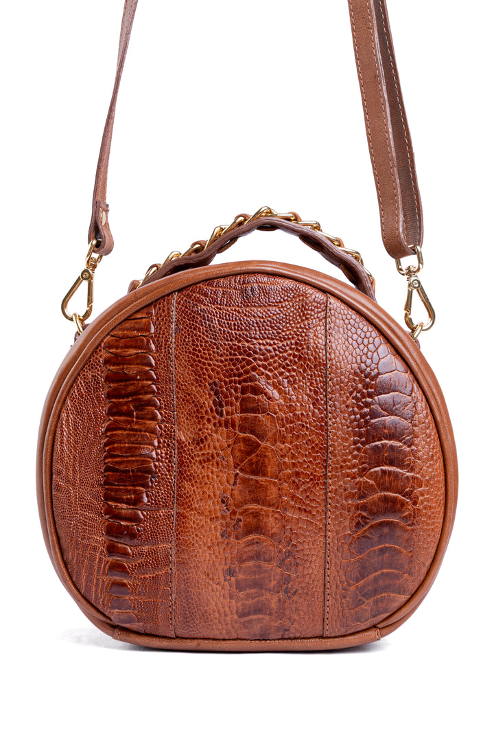 Bolsa Redonda Strut em Couro de Canela de Avestruz Caramelo DORO-032