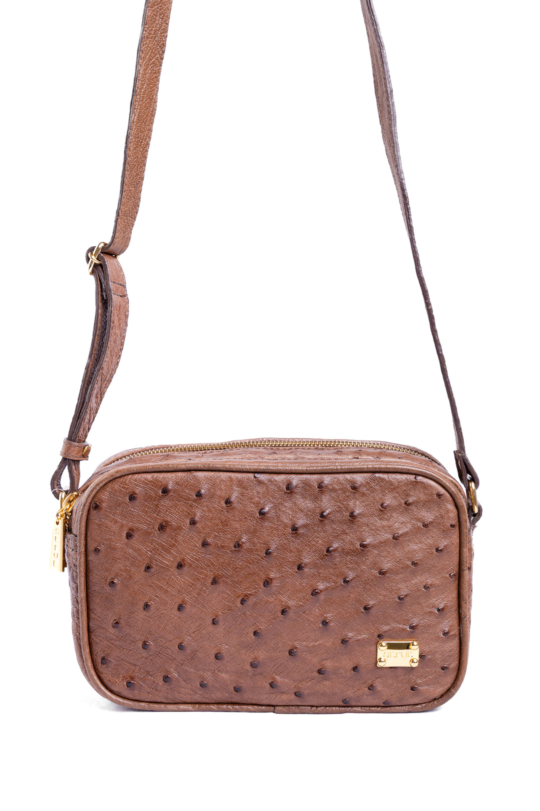 Bolsa Camera Bag Strut em Couro de Avestruz Cheio Tabaco DORO-003