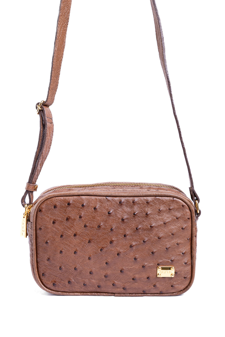 Bolsa Camera Bag Strut em Couro de Avestruz Cheio Tabaco DORO-003