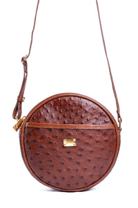 Bolsa Redonda Strut em Couro de Avestruz Cheio Caramelo DORO-004