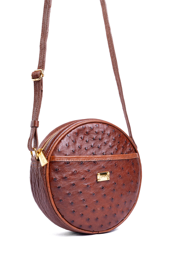 Bolsa Redonda Strut em Couro de Avestruz Cheio Caramelo DORO-004